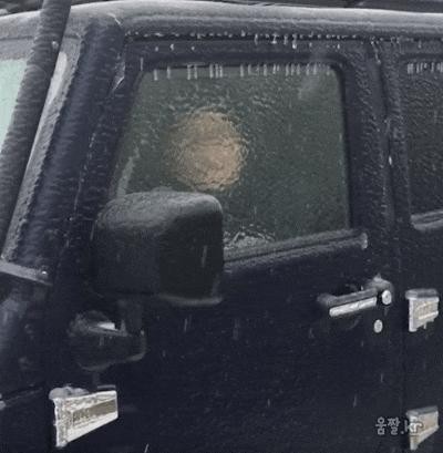 車の窓から氷を割ろうとした女性