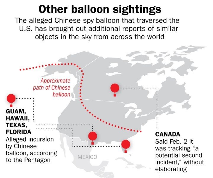 撃墜された中国偵察風船の移動経路の推測