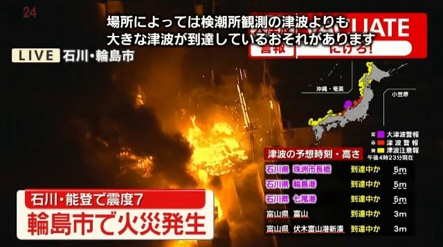 日本の地震発生による火災の発生