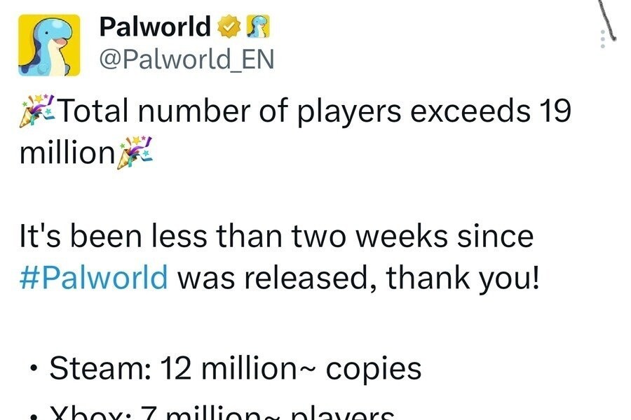 パルワールド、1900万のプレーヤーを突破