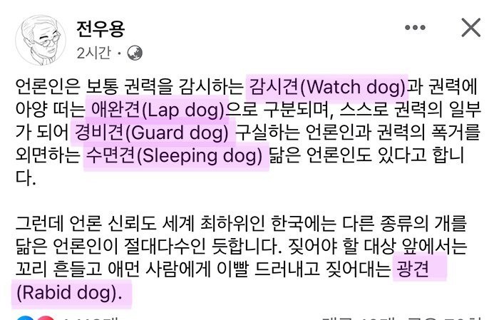 チョン・ウヨン、韓国メディアは監視犬でもペット犬でもないX犬だ