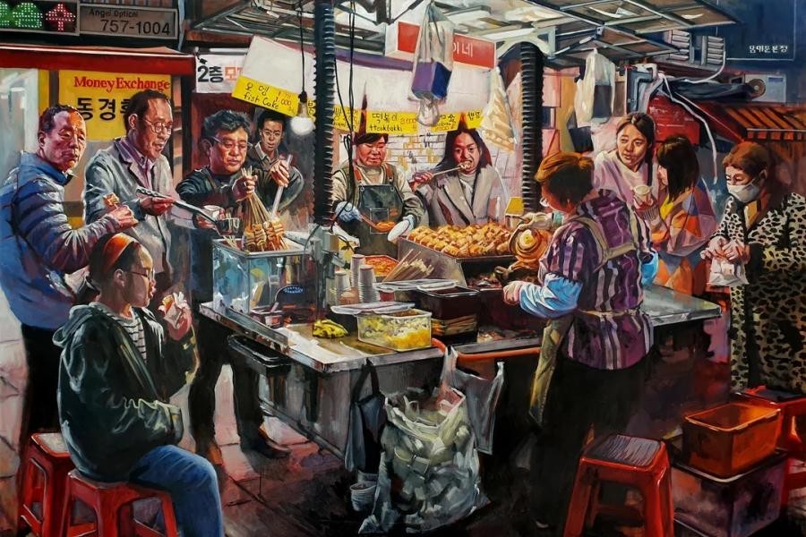 アメリカの画家が油絵で表現したソウル街の人々の姿