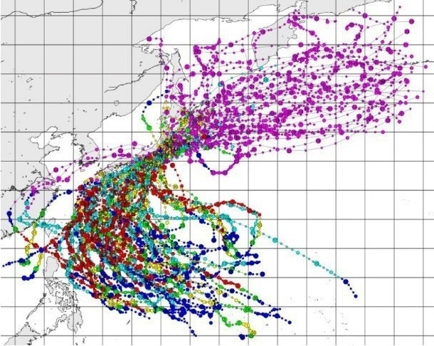 過去70年間、台風の移動経路