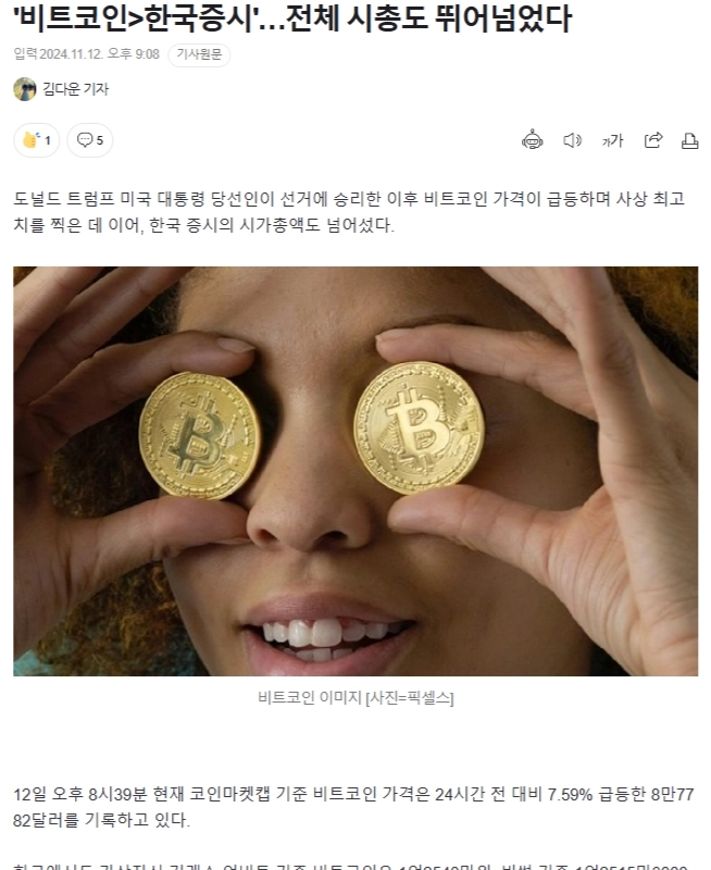 「ビットコイン>韓国証券市場」…