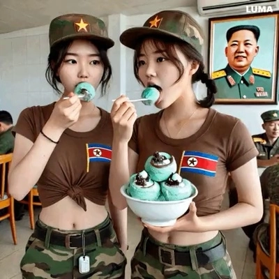 Aiが作ったミントチョコを食べる北朝鮮の女軍たちウムチャル.gif