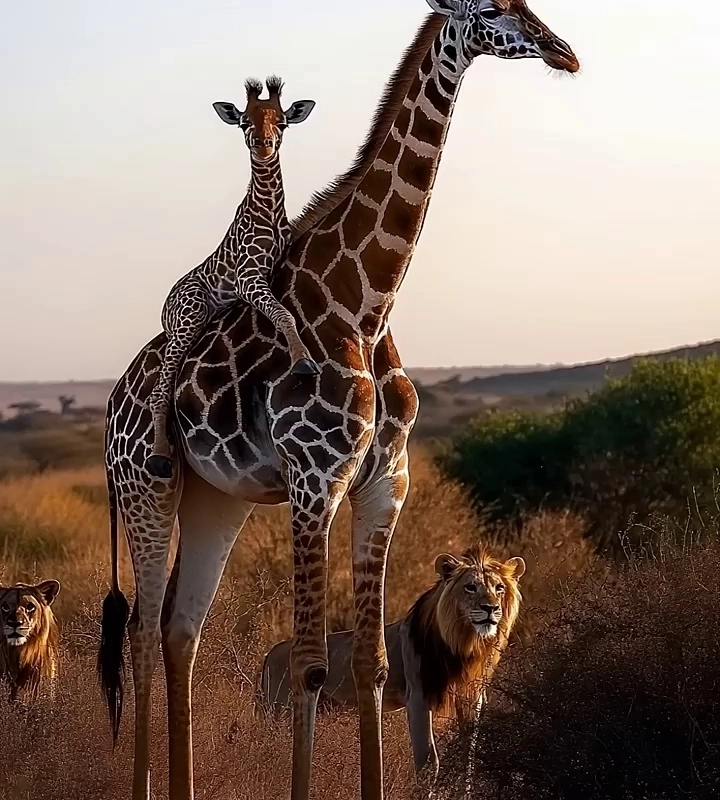 (SOUND)ライオンから子を守るために立ち上がるキリン