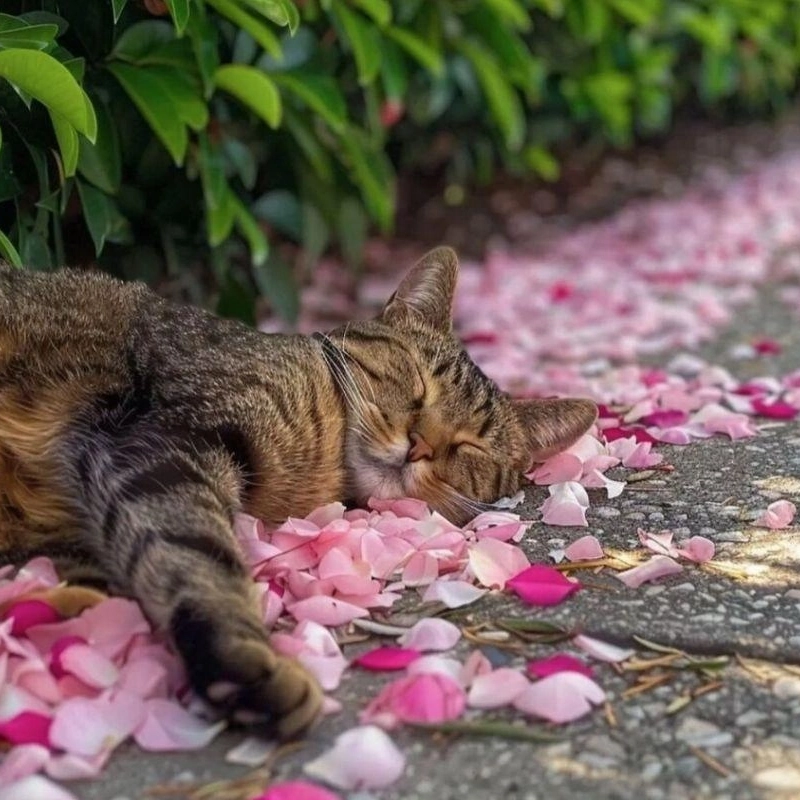 花びらを覆って眠っている猫