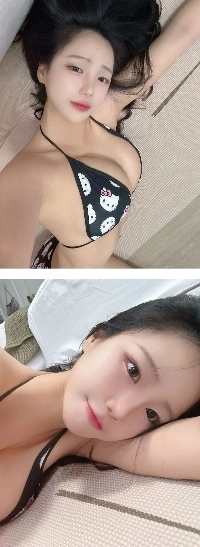 ハローキティの黒い紐ビキニを着て横たわっているエディ・リンのボーイフレンドの視点