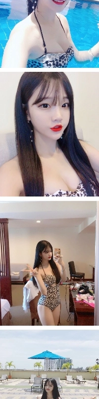 遠くから見るとヒョウ柄、近くで見ると花柄の水着、パク・ミンジョンの胸の谷間