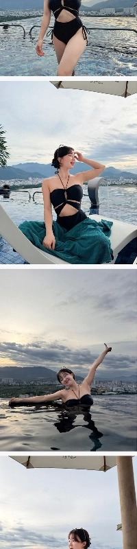 登山YouTuberペク・マン・ソンヒ、プールで黒いモノキニ姿のグラマラスボディ