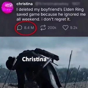 (SOUND)””””私のボーイフレンドは一週間ずっとエルデンリングをプレイしていて、私のセーブファイルをすべて削除しました””””