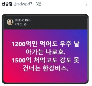 1200億ウォンで宇宙を越えられる羅路、1500億ウォンで渡れない漢江