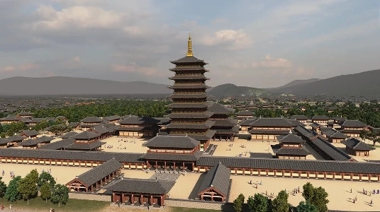 慶州黄龍寺の九重木造塔をモデルにした黄龍園の荘厳さ。