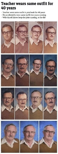 卒業アルバムのような服を着て40年間写真を撮られ続けた教師