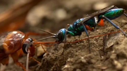 (SOUND)シルバーミツバチはゴキブリを追い詰めて幼虫を養います。