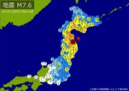 8日に発生した日本地震の地域別規模
