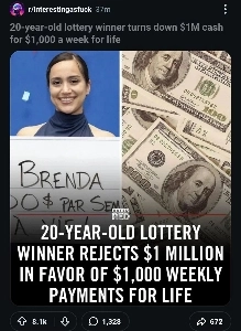 カナダの宝くじ100万ドル当選者、一時金の受け取りを拒否