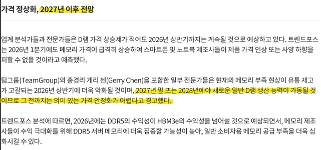 DRAM価格の正常化、2027年以降に予想