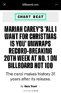 マライア・キャリーがBillboard Hot 100で最長1位にランクイン