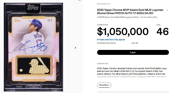 大谷選手のサインカードは現在オークションに出品されており、落札価格は15億5000万ウォンとなっている。