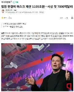 裁判所の判決によると、マスク氏の資産は史上初めて1105兆ウォン…7000億ドルに達する