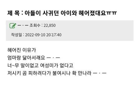 息子がガールフレンドと別れたために母親は怒った