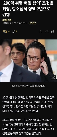 200億ウォン相当の横領と背任の疑いで起訴されたチョ・ヒョンボム会長が控訴審で懲役2年に減刑された。