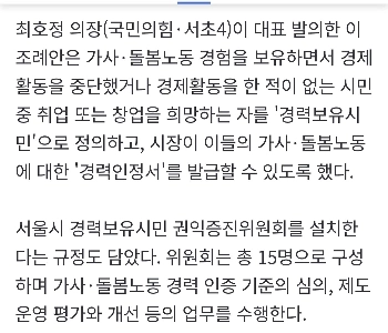 「家事・介護の経験を認める」ソウル市条例可決