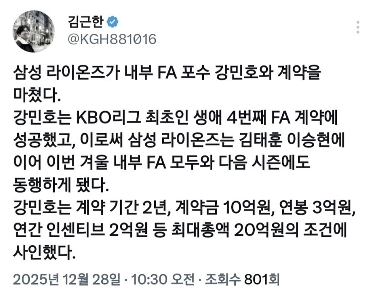 カン・ミンホ、KBO初の4回目のフリーエージェント契約