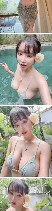 ハリミさんのミント色の紐ビキニボディ、東西全部突き出てますㄷㄷ