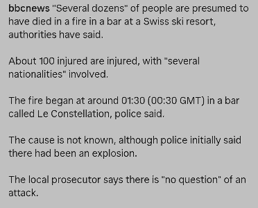 スイスのスキー場近くのバーで爆発、40人以上死亡