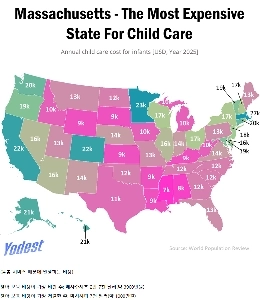 米国の州別の平均乳児保育費用
