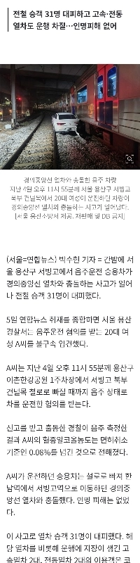 飲酒運転者の車が龍山鉄道に転落、電車と衝突。jpg