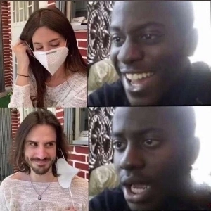 マスクを外した美女を見て驚く男性